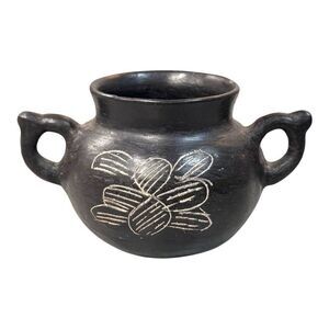 Vintage Black Ceramic Southwest Double Handled Pot Planter Floral Pattern READ